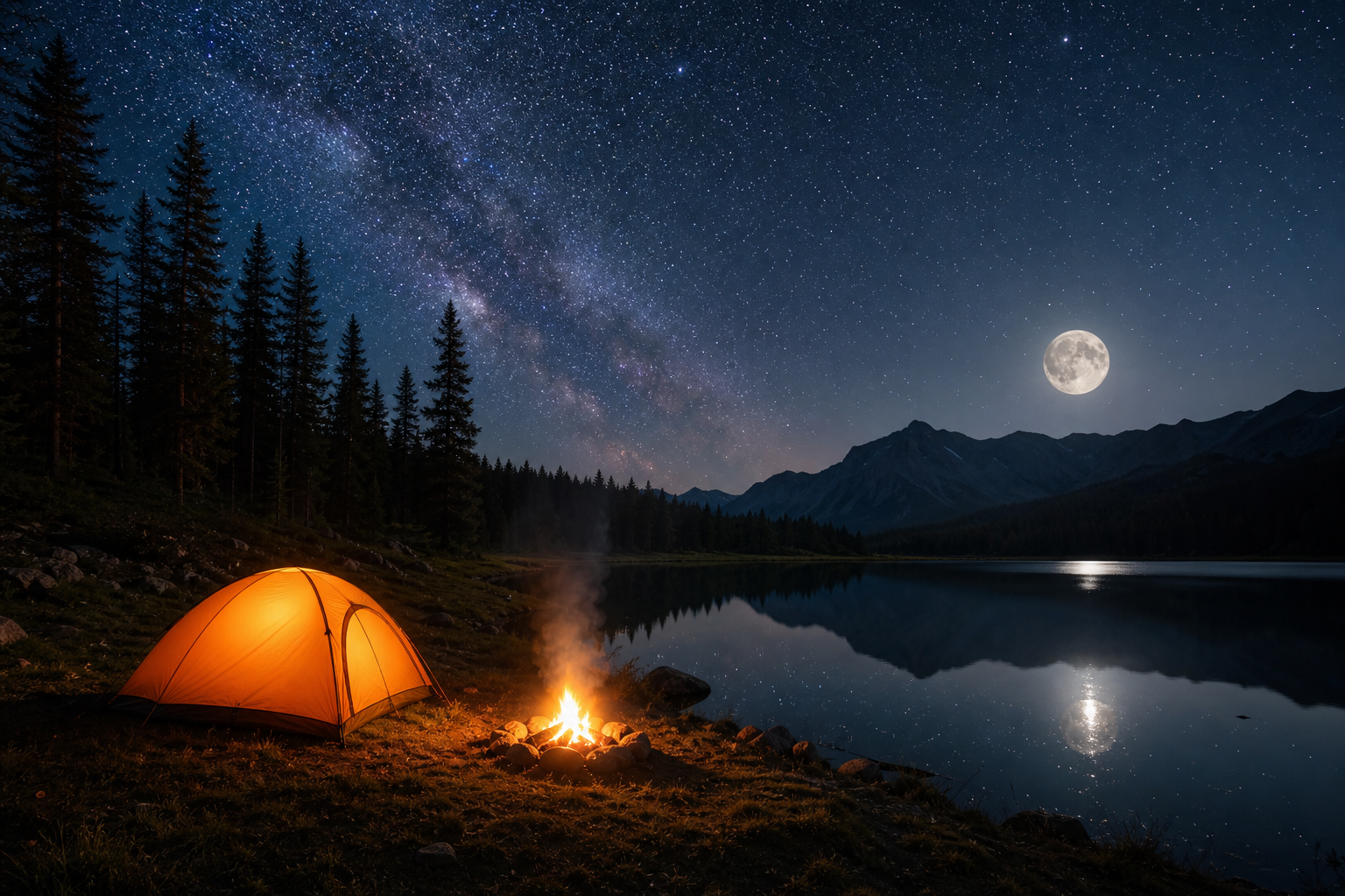 Noche estrellada con luna llena, tienda de campaña iluminada junto a un lago y hoguera en la orilla